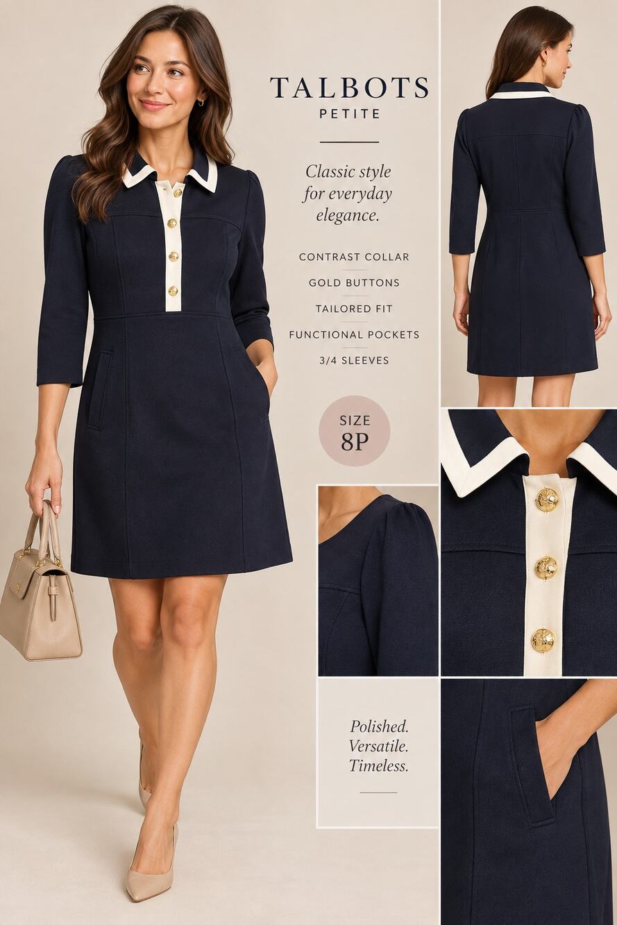 Talbots Petite Ponte Shift Dress 8P Navy Ivory Gold Buttons Preppy Career
